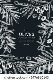 Aceitunas de diseño. Bosquejos de ramas de olivo. Menú de comida mediterránea Plantilla en tablero. Ilustración vectorial dibujada a mano. NO AI generado.