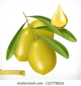 Olives and drop of oil. 3d realistic vector icon