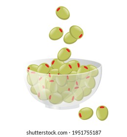 Aceitunas cayendo dentro de un recipiente de vidrio Aceitunas verdes Aceitunas rellenas de pimienta Elementos de diseño de vectores Tazón de aceitunas verdes con pimienta Pickles Elementos de diseño Vector Aislados en Blanco. Un bocadillo saludable.