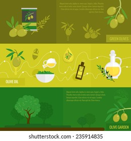 Olives flat banner set with green black oil and garden tree set isolated vector illustration