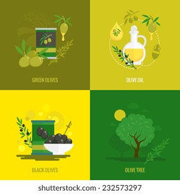 Olives flat icon set with green black oil and tree set isolated vector illustration