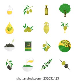 Olives flat icons set with tree oil branch leaf isolated vector illustration