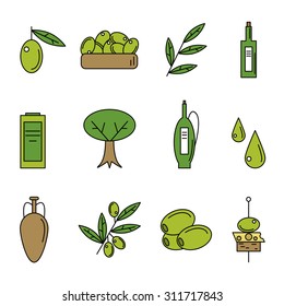 Olives flat line icons set. Tree oil branch with leaves isolated on white. Vector illustration. Olive oil bottle