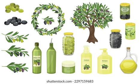 Olives flat set of isolated icons with ripe leaves trees canned olives oil bottles and tree vector illustration