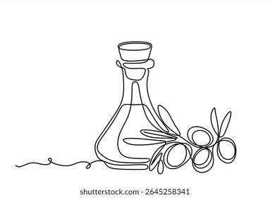 Azeitonas em frente de uma garrafa de azeite de oliva, um desenho de linha, ilustração vetorial minimalista em fundo brancoMão desenhado um vetor de linha. Traçado editável