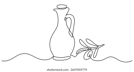 Olives in front of an olive oil bottle continuous one line drawing, Olives in front of an olive oil bottle, one line drawing, minimalistic vector illustration on white background. Hand drawn one line