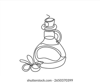Olives in front of an olive oil bottle, one line drawing, minimalistic vector illustration on white background. Hand drawn one line vector. Editable stroke	