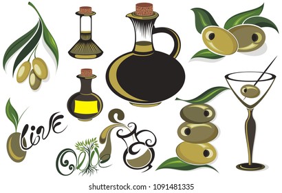 Olives fruit, branch, tree and olive oil bottle set. 