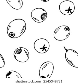 Olives Fruits Graphic seamless pattern on a white background. Hand drawn Ink Vector illustration. Can be used for textile, wallpaper prints and packaging.