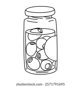 Olives in a glass jar. Contour illustration of a glass jar closed and half filled with olives. Hand-drawn olives in brine, linear. Isolated illustration of food on a white background. Food additives