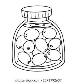 Olives in a glass jar. Contour illustration of a closed glass jar full of olives. Hand-drawn olives in brine, linear. Isolated illustration of food on a white background. Food additives