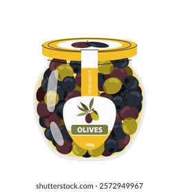 Olives in glass jar. Different degrees of ripeness of olives. Illustration jar pickled olive snack. Flat illustration on white background.