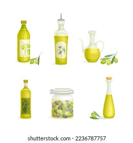 Olives in Glass Jar and Oil in Jug and Corked Bottle Vector Set