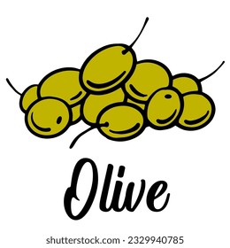Olives. Green fruits outline vector illustration. Doodle elements for oil package, logotype, olive products company designs.
