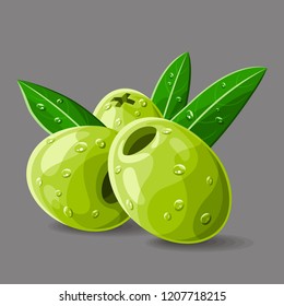 Olives green pitted with a leaves and drops of water on grey. Vector illustration. No gradients
