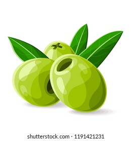 Olives green pitted with a leaves on white. Vector illustration. No gradients