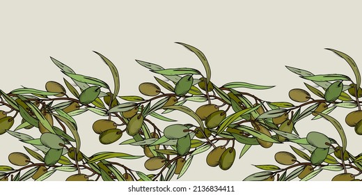 Vector de aceitunas de borde sin fisuras, fondo interminable con frutos de oliva, ramas y hojas, dibujo a mano de ilustración vectorial de estilo aislado en el fondo neutro.