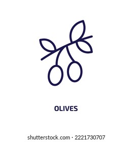 Oliven-Ikone aus der Hotelsammlung. Dünne, lineare Oliven, Oliven, Kontur-Symbol einzeln auf weißem Hintergrund. Zeilenvektoroliven-Zeichen, Symbol für Web und Mobile