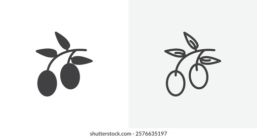Olives icon set in black flat solid and outlined style.