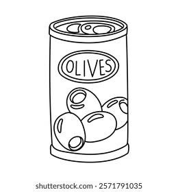 Olives in an iron jar. Contour illustration of a closed jar filled with olives. Hand-drawn pitted olives in brine, linear. Isolated illustration of food on a white background. Food additives