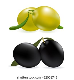 Aceitunas, Aisladas En Fondo Blanco, Ilustración Vectorial