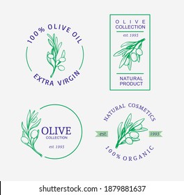 Olives label with text for organic products. Natural cosmetics logo. Design elements in trendy linear style for packaging of extra virgin.