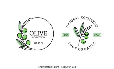 Olives label with text for organic products. Natural cosmetics logo. Design elements in trendy linear style for packaging of extra virgin.