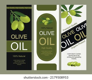 Olives labels realistic set with three vertical stickers for bottles with editable text and olive images vector illustration