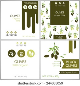 Olives labels set. Collection of banners for pack design. Vegetarian food tags