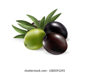 Olives and leaves isolated on transparent background. Photo-realistic vector, 3d