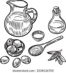 Olives, leaves and kitchen utensils line drawing isolated on white background.