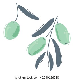 Olives with leaves in modern blue color. Flat illustration.
