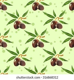 Olives and leaves on a green background. Seamless pattern.