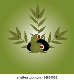 Olives with leaves on a green background a vector
