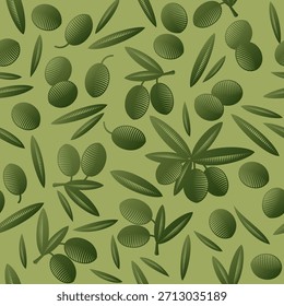 Aceitunas y hojas sin patrón. Hojas verdes sobre un fondo verde claro.