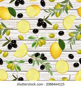 Olives and lemons on a wooden background.Lemons, branches with olives on a wooden background in a color vector pattern.