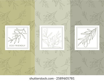 Olives Line Art. Olives Labels. Organic Shop banner. Botanical Background trendy minimalist olive branches. Olives banner template. Floral Line Art Illustration. 