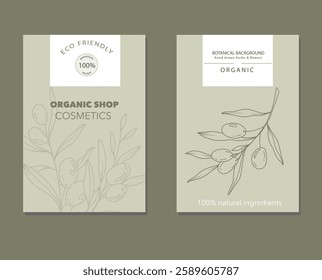 Olives Line Art. Olives Labels. Organic Shop banner. Botanical Background trendy minimalist olive branches. Olives banner template. Floral Line Art Illustration. 