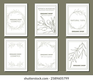 Olives Line Art. Olives Labels. Organic Shop banner. Botanical Background trendy minimalist olive branches. Olives banner template. Floral Line Art Illustration. 