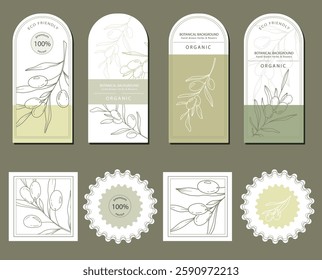 Olives Line Art. Olives Labels. Organic Shop banner. Botanical Background trendy minimalist olive branches. Olives banner template. Floral Line Art Illustration. 
