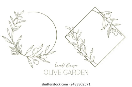 Dibujo de línea de aceitunas. Marco de oliva blanco y negro. Corona De Olivo Aislada. Línea Floral Art. Línea Fina Aceitunas ilustración. Ramas de Olivo en blanco y negro. Aceituna dibujada a mano. Invitación de boda verde