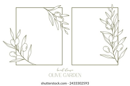 Dibujo de línea de aceitunas. Marco de oliva blanco y negro. Corona De Olivo Aislada. Línea Floral Art. Línea Fina Aceitunas ilustración. Ramas de Olivo en blanco y negro. Aceituna dibujada a mano. Invitación de boda verde