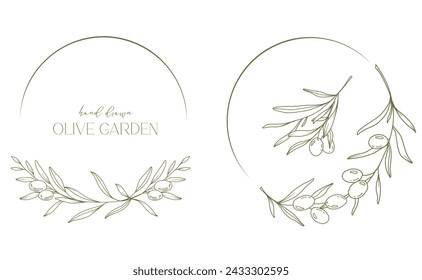 In: Olives Line Drawing. Schwarz-Weiß Olive Frame. Olivenkranz isoliert. In: Floral Line Art. Fine Line Olives Illustration. Schwarze und weiße Olivenzweige. Handgezeichnete Olive. Hochzeitseinladung Grün