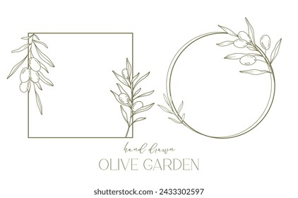 Olives Line Drawing. Black and white Olive Frame. Olive Wreath Isolated. Floral Line Art. Fine Line Olives  illustration. Black and white Olive Branches. Hand Drawn Olive. Wedding invitation greenery