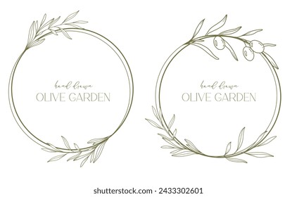 In: Olives Line Drawing. Schwarz-Weiß Olive Frame. Olivenkranz isoliert. In: Floral Line Art. Fine Line Olives Illustration. Schwarze und weiße Olivenzweige. Handgezeichnete Olive. Hochzeitseinladung Grün