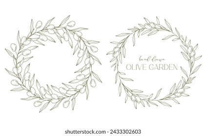 Olives Line Drawing. Black and white Olive Frame. Olive Wreath Isolated. Floral Line Art. Fine Line Olives  illustration. Black and white Olive Branches. Hand Drawn Olive. Wedding invitation greenery