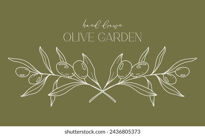 Olives Line Drawing. Black and white Olive Frame. Olive Wreath Isolated. Floral Line Art. Fine Line Olive  illustration. Black and white Olive Branches. Hand Drawn Olives. Wedding invitation greenery