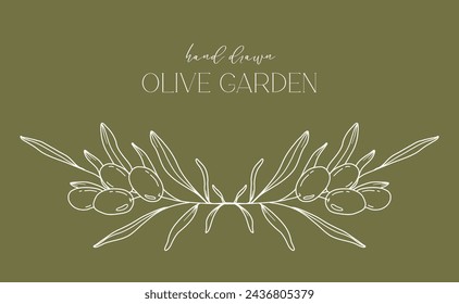 Olives Line Drawing. Black and white Olive Frame. Olive Wreath Isolated. Floral Line Art. Fine Line Olive  illustration. Black and white Olive Branches. Hand Drawn Olives. Wedding invitation greenery