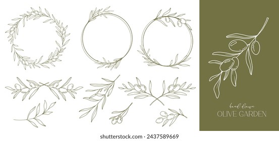 Olives Line Drawing. Black and white Olive Frame. Olive Wreath Isolated. Floral Line Art. Fine Line Olive  illustration. Black and white Olive Branches. Hand Drawn Olives. Wedding invitation greenery
