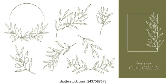 Olives Line Drawing. Black and white Olive Frame. Olive Wreath Isolated. Floral Line Art. Fine Line Olive  illustration. Black and white Olive Branches. Hand Drawn Olives. Wedding invitation greenery